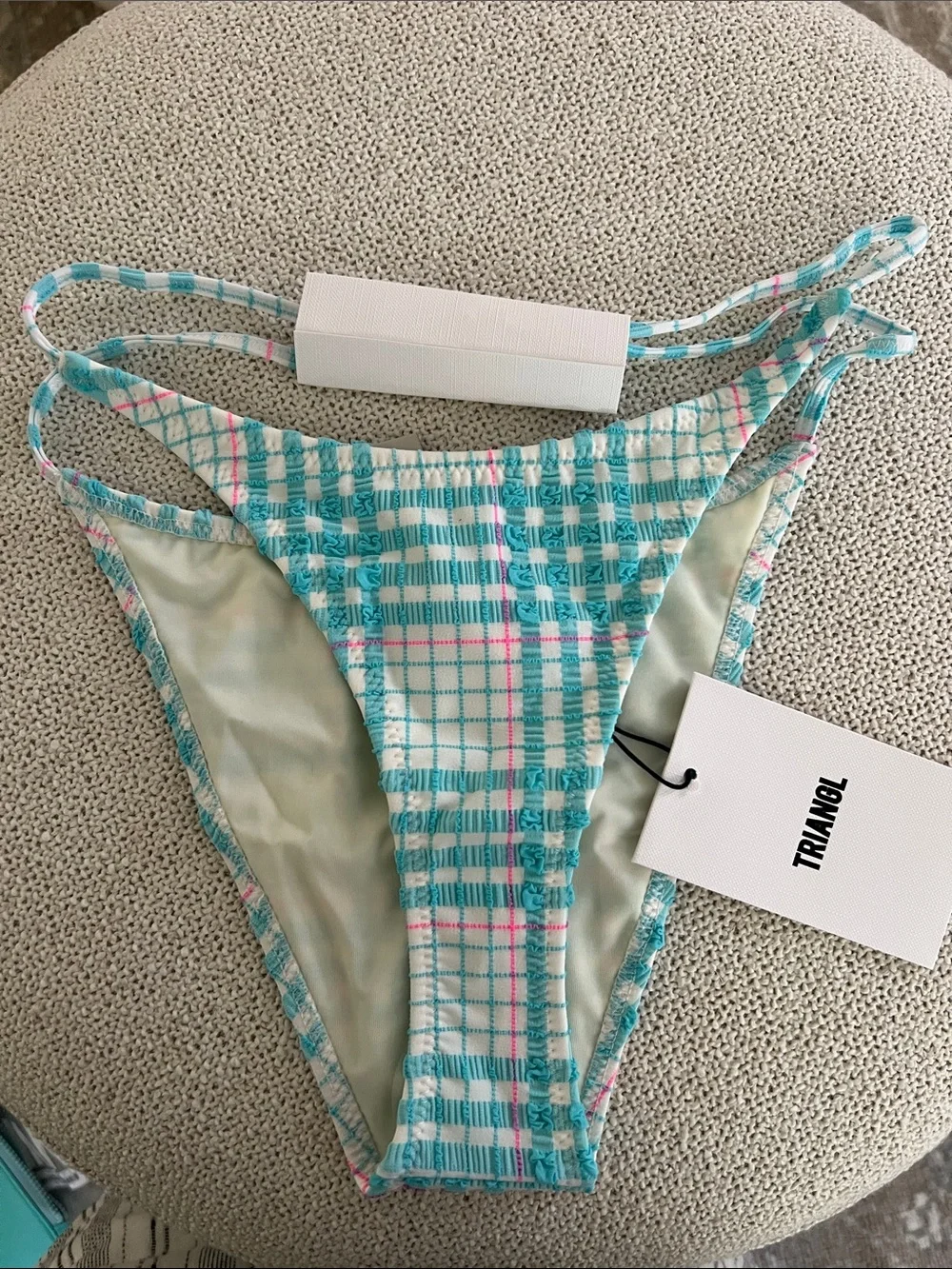 NWT triangl swimwear Blue Bloss Check Tie-Side Triangle Bikini size Small